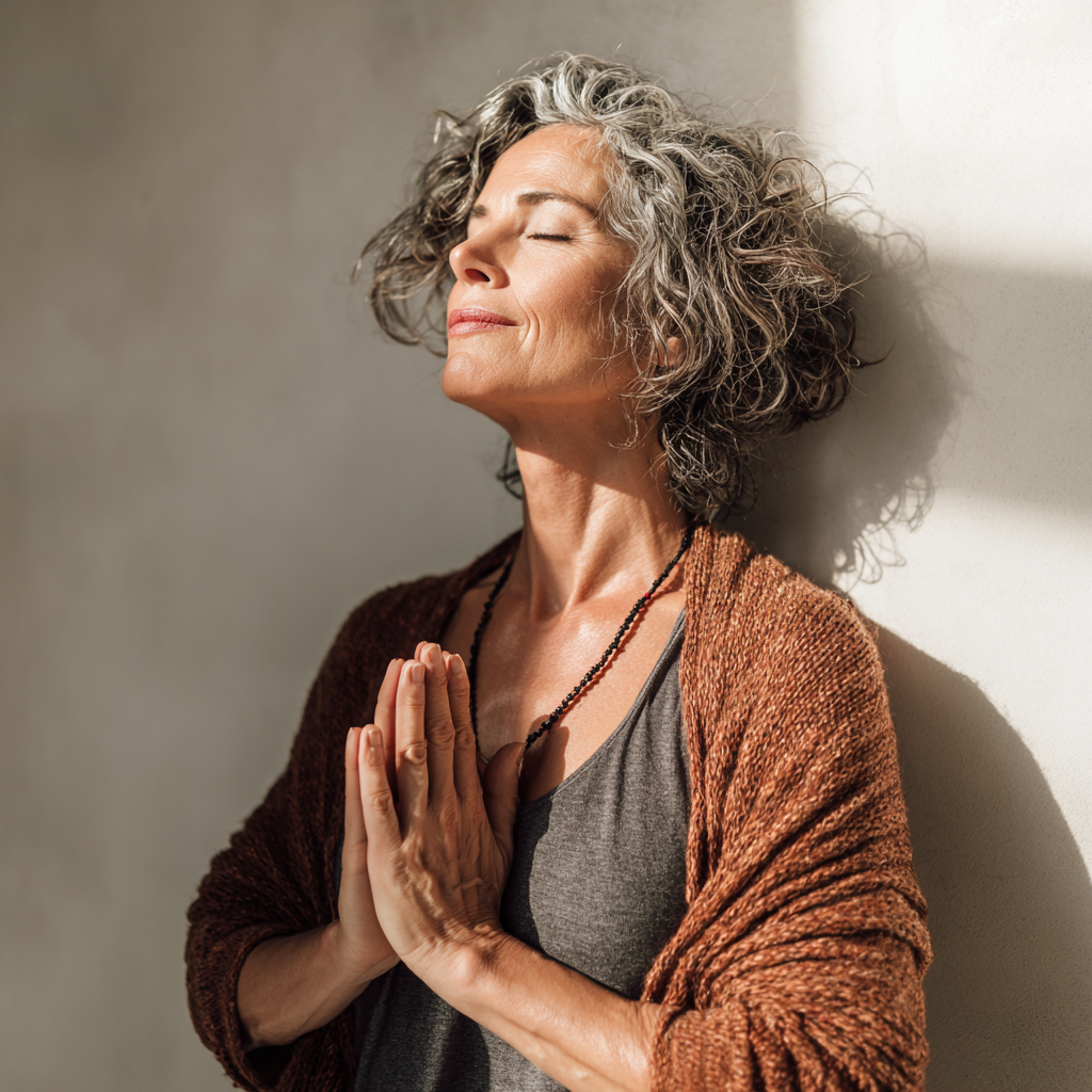 Mature woman demonstrating peaceful yoga pose in natural light studio setting