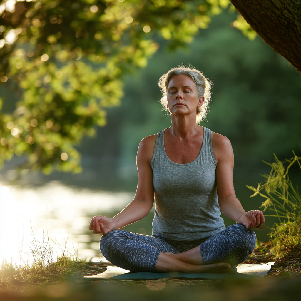 Middle-aged woman practicing mindful yoga in serene natural environment
